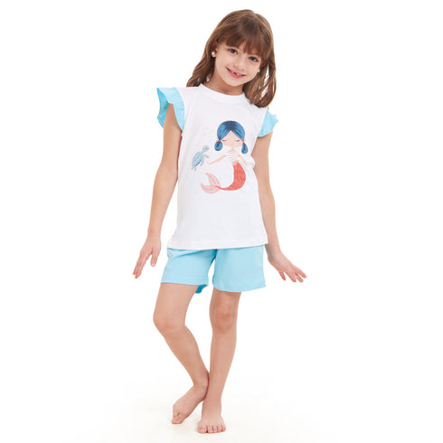 Girls summer pajama set Mermaid t-shirt + Baby Blue shorts